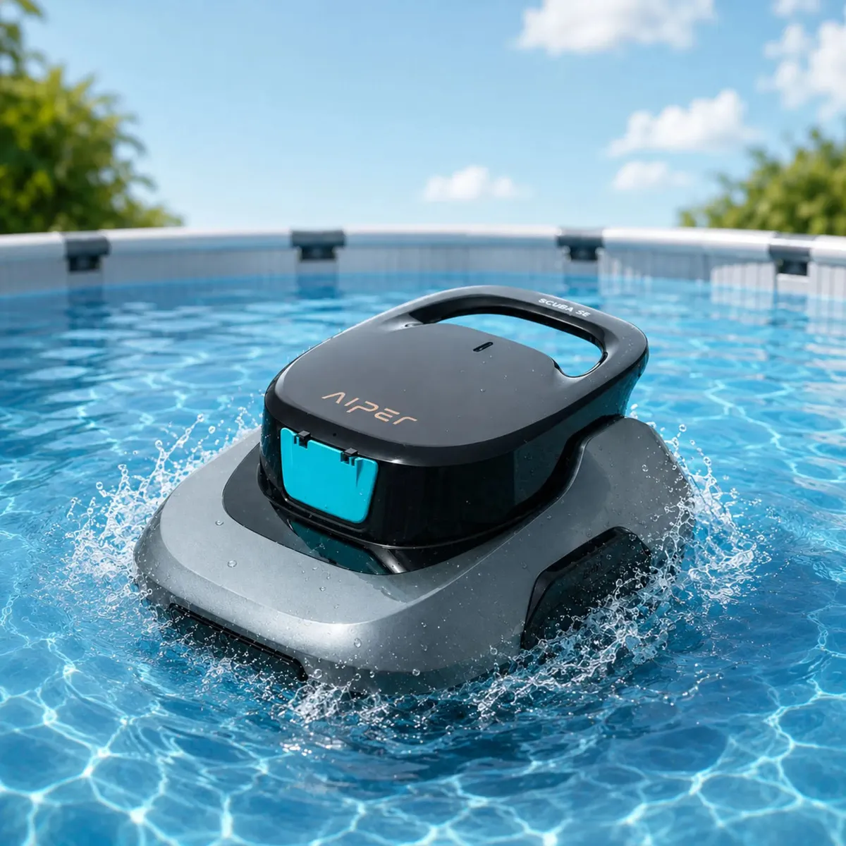 Robô de piscina Aiper Scuba SE em primeiro plano dentro de uma piscina.