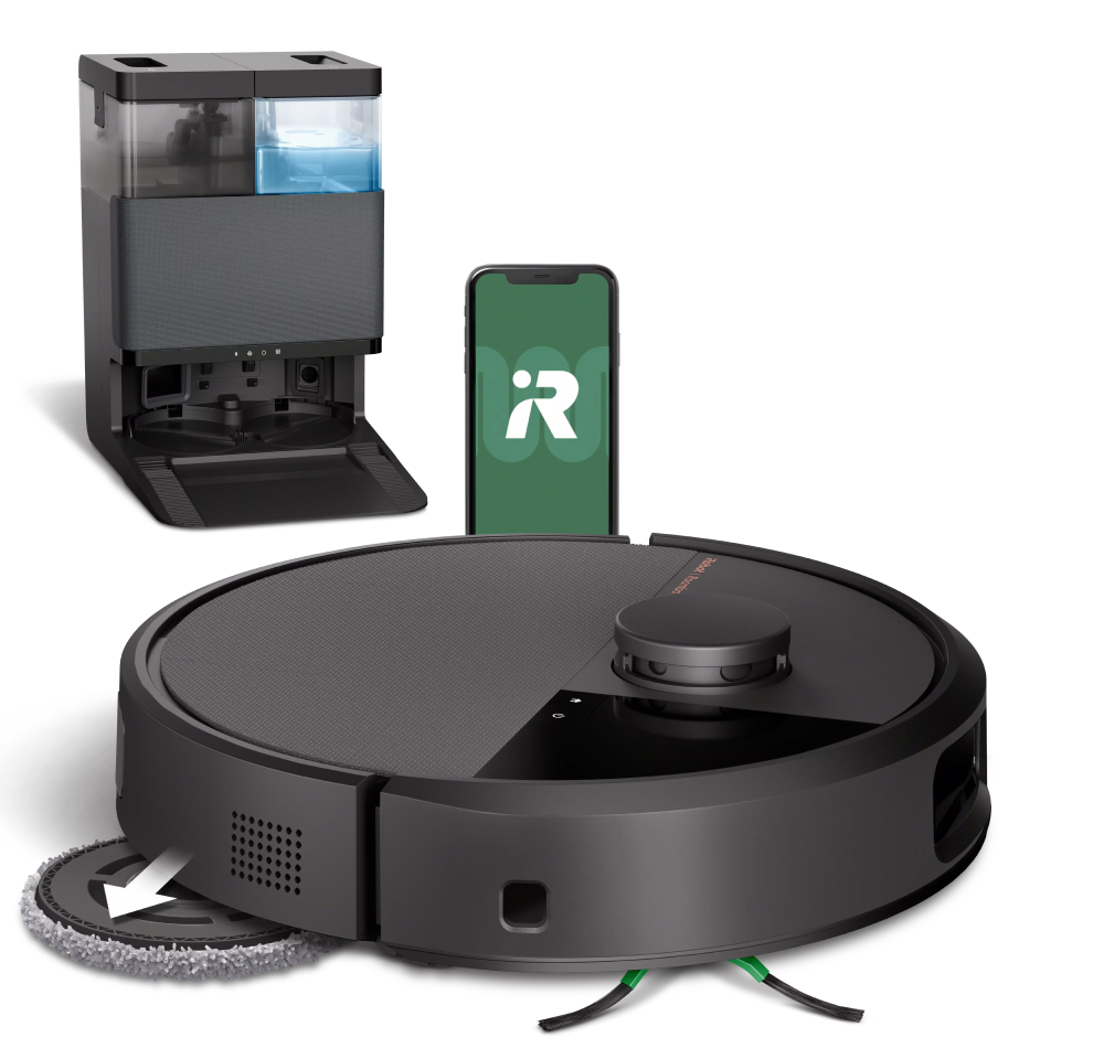 Roomba Combo 505+ em primeiro plano com a base AutoWash.