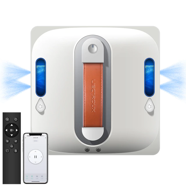 Robô limpa-vidros Liectroux S11 branco com controle e aplicativo em destaque.