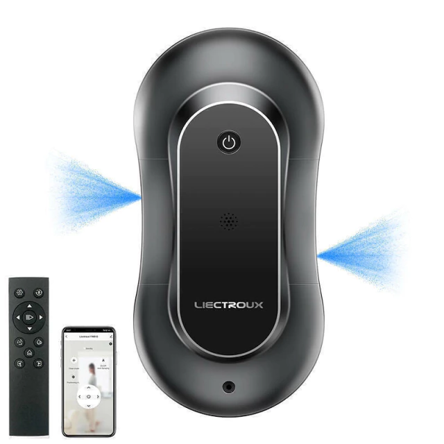 Robô limpa-vidros Liectroux YW810 preto com controle e aplicativo em destaque.